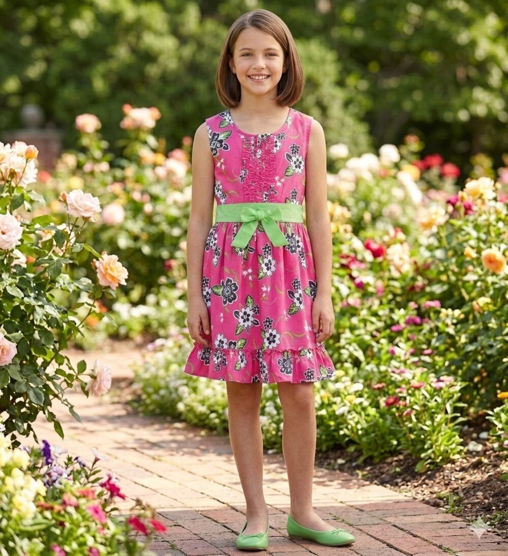 Girls Pink Floral Spring Garden Party Dress Green Bow Belt Size 16 Carmen Rose